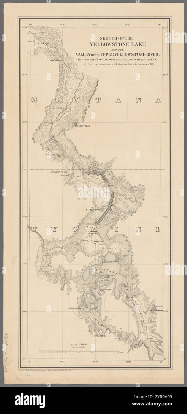 Croquis du lac Yellowstone et de la vallée de la rivière Yellowstone supérieure, : route du Capt's.. J.W. Barlow et D.P. Heap, corps of Engineers, dans leur reconnoissance de cette région au cours de l'été 1871 1871 par Barlow, J. W. (John Whitney), 1838-1914 Banque D'Images