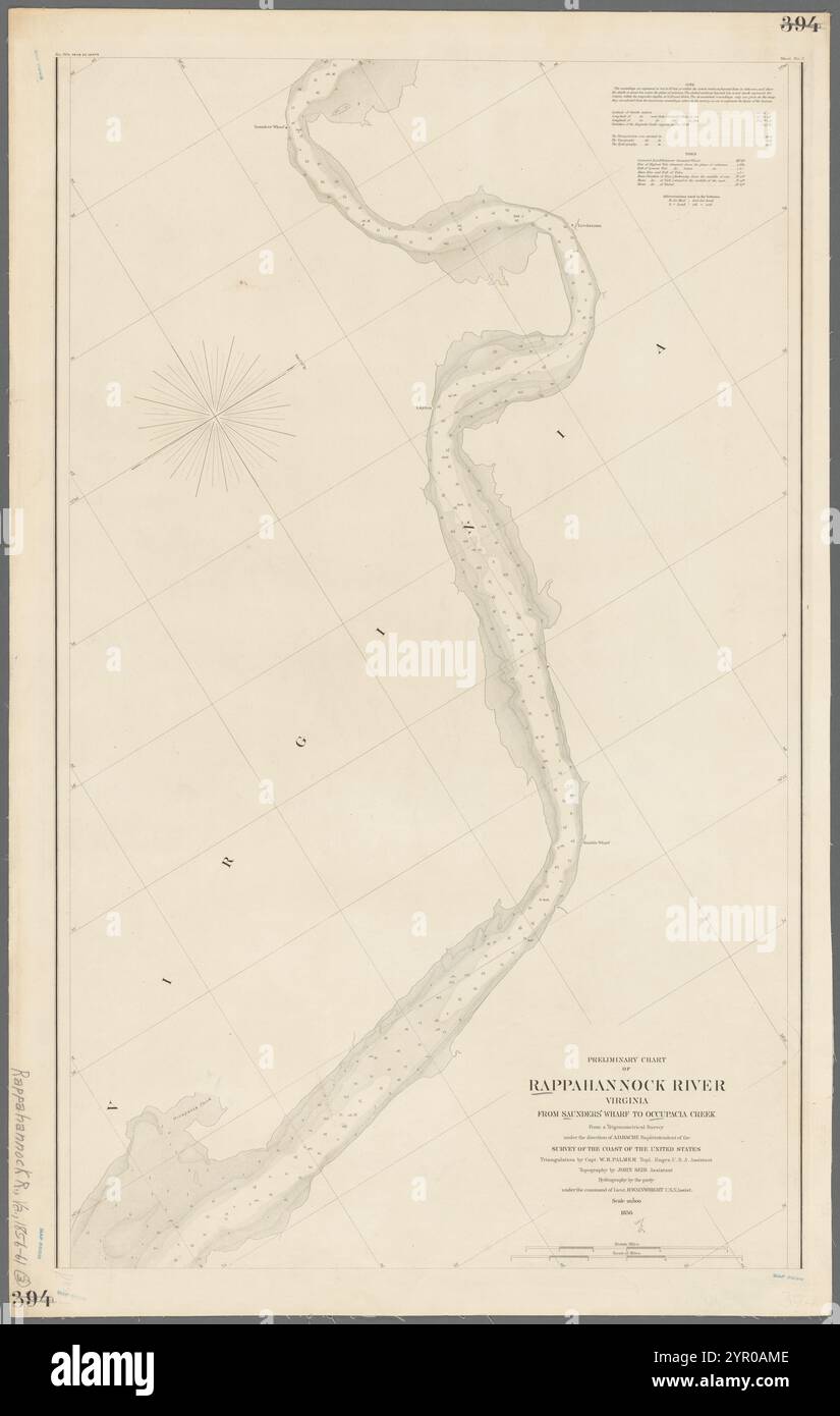 Carte préliminaire de la rivière Rappahannock, Virginie, : From Saunders' Wharf to Occupacia Creek : from a trigonometrical Survey under the direction of A.D. Bache, Superintendent of the Survey of the Coast of the United States 1856 by Bache, A.D. (Alexander Dallas), 1806-1867 Banque D'Images