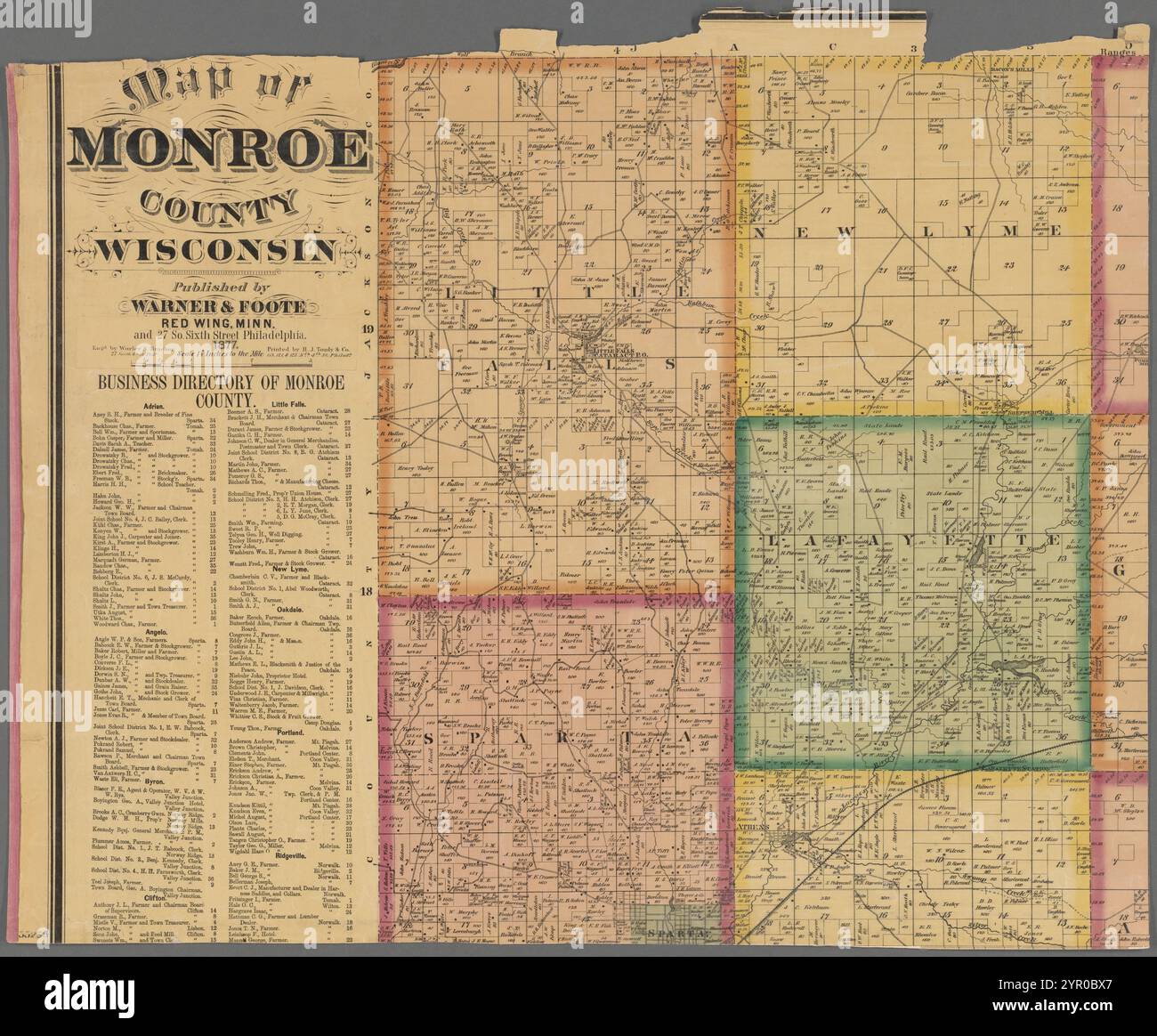 Carte du comté de Monroe, Wisconsin 1877 par Warner & Foote Banque D'Images