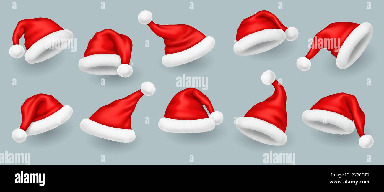 Chapeaux de Père Noël rouge vif avec fausse fourrure ensemble d'illustration vectorielle réaliste. Chapeaux décoratifs de fête de Noël modèles 3d sur fond gris Illustration de Vecteur