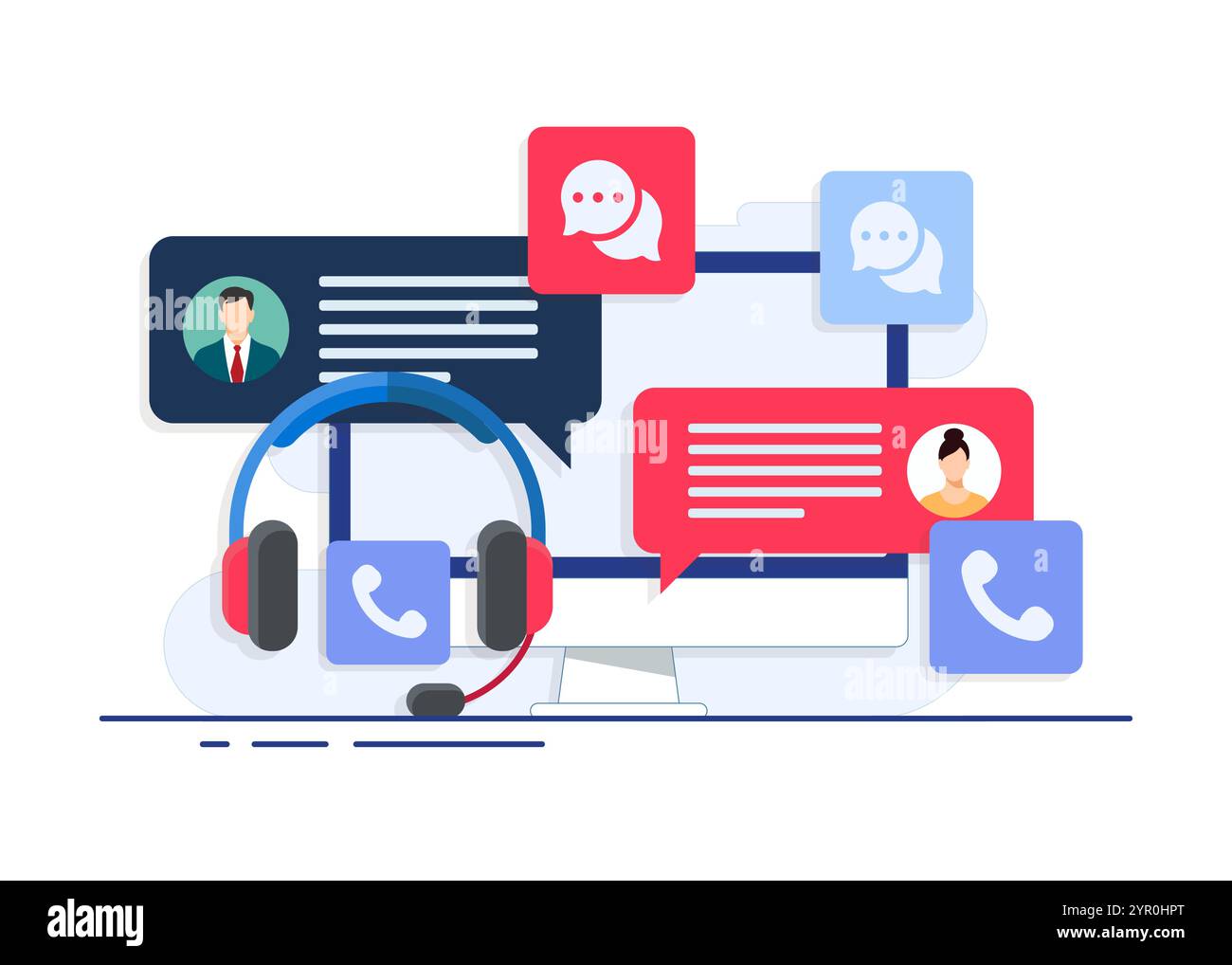 Illustration vectorielle plate de support client avec casque d'ordinateur de bureau, bulles de message, service client, support en ligne, service d'assistance Illustration de Vecteur Illustration vectorielle plate de support client avec casque d'ordinateur de bureau, bulles de message, service client, support en ligne, service d'assistance Illustration de Vecteur