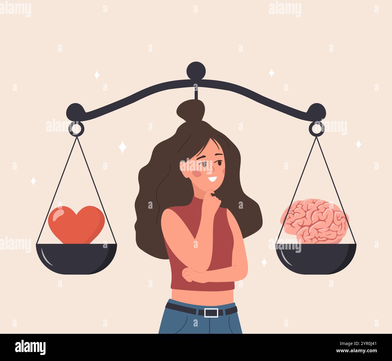 Équilibre entre cœur et cerveau. Concept de bien-être. Femme regardant les écailles avec amour d'un côté et pratique à l'opposé. Illustration vectorielle dans Illustration de Vecteur
