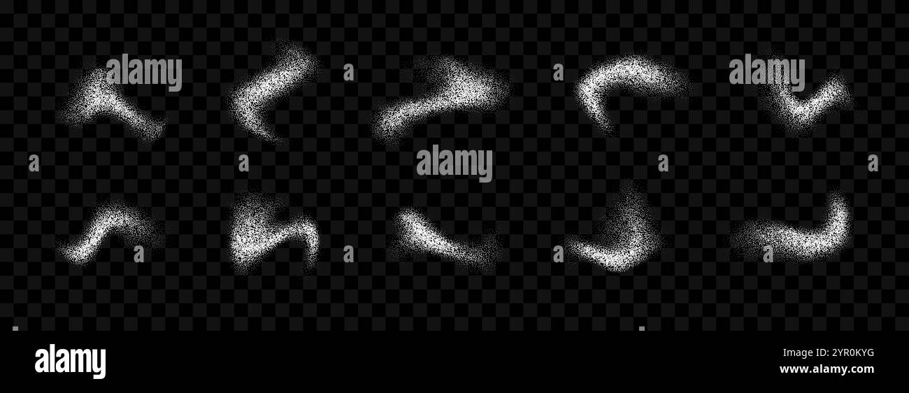 Collection éclaboussures de poudre blanche. Ensemble de texture de pulvérisation de grain grunge. Tache-brosse à pois courbés et bavures. Faisceau de recouvrement par éclaboussures de bruit de sable. Formes abstraites de gradient de grain fluide en pointillés. Vecteur Illustration de Vecteur