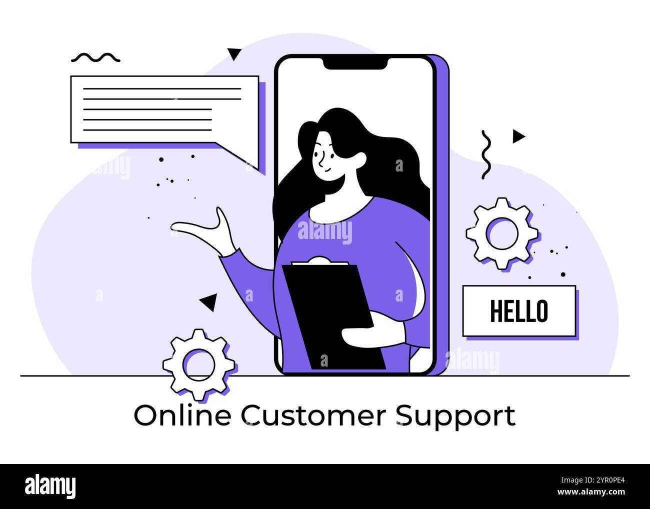 Femme répondant aux problèmes des clients, concept de service à la clientèle en ligne illustration plate, agents de télémarketing, opérateur de ligne directe, centre d'appels, te en ligne Illustration de Vecteur