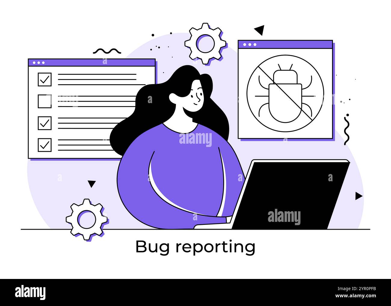 Concept d'illustration plate de résolution de bogues, problème logiciel ou défaillance du système, développeur femme corrigeant les erreurs système ou les bogues, processus de développement logiciel Illustration de Vecteur