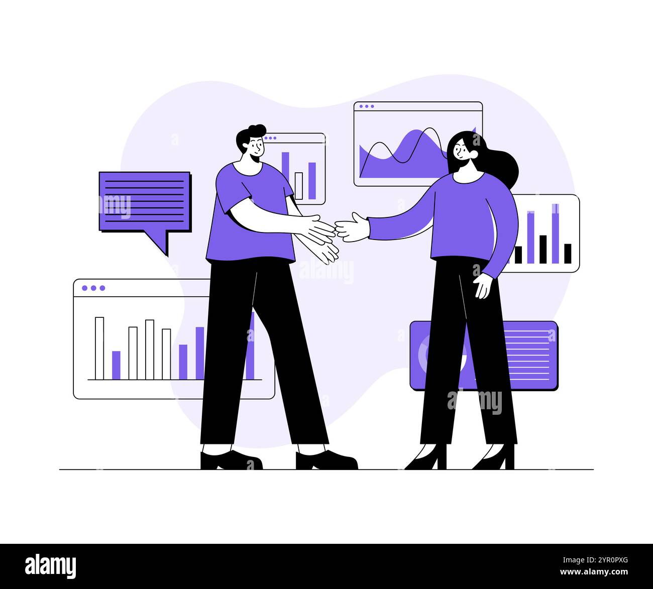 Poignée de main de femme d'affaires et d'homme d'affaires, partenariat d'affaires, accord, contrat, affaire, poignée de main illustration plate, geste de bienvenue, collaboration, Illustration de Vecteur
