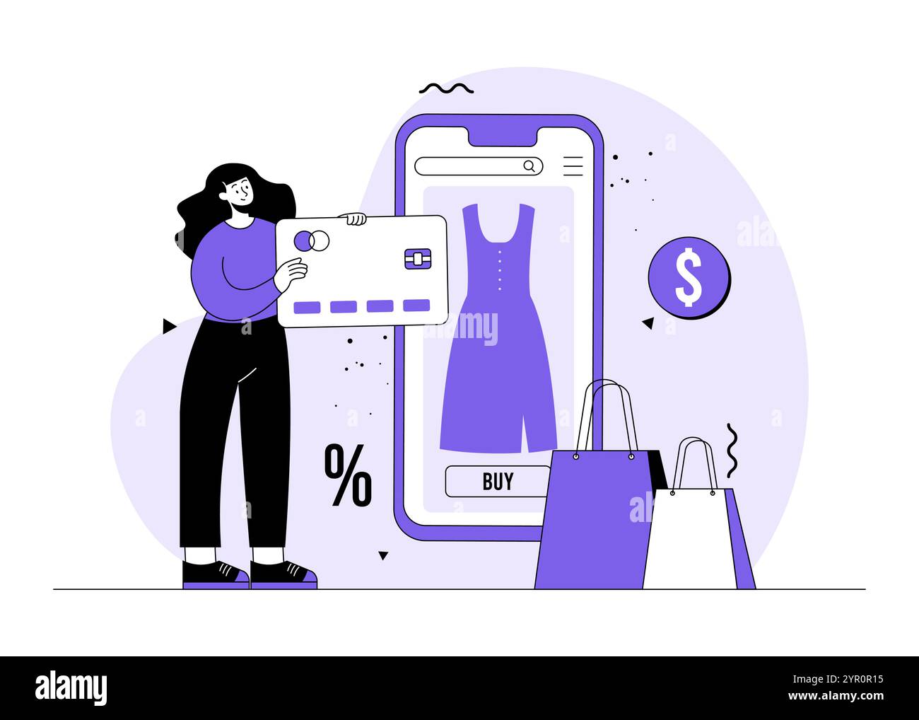 Femme commandant des vêtements de magasin de vêtements en ligne, concept de vecteur d'illustration plat d'achat en ligne, E-commerce, magasin numérique, E-shop, mode féminine Illustration de Vecteur