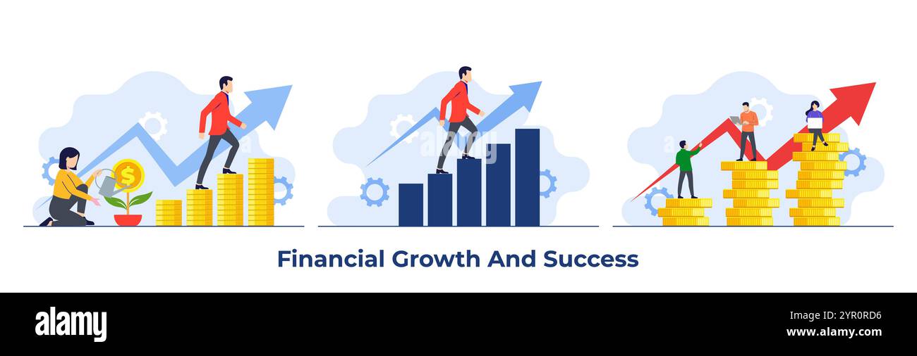 Ensemble d'illustrations plates de croissance financière, finance d'entreprise, économiser de l'argent, investissement, croissance personnelle, auto-amélioration, auto-développement, métaphore Illustration de Vecteur