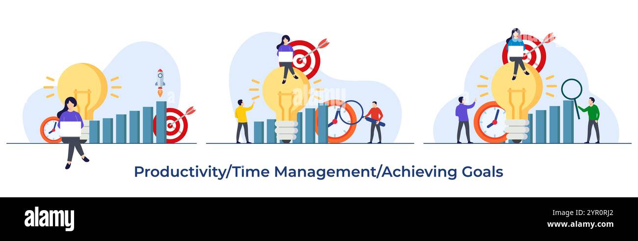 Ensemble d'illustration plate de productivité, autogestion, augmentation des performances, définition des objectifs, réalisation des objectifs, concept de gestion du temps pour l'atterrissage pag Illustration de Vecteur