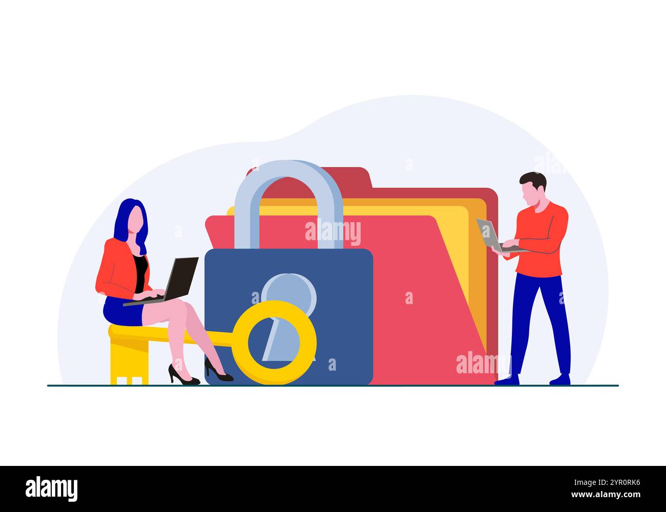 Illustration vectorielle de protection des données pour la page de destination, la bannière Web, les infographies, deux caractères avec un dossier de fichiers géant, cadenas et clé Illustration de Vecteur