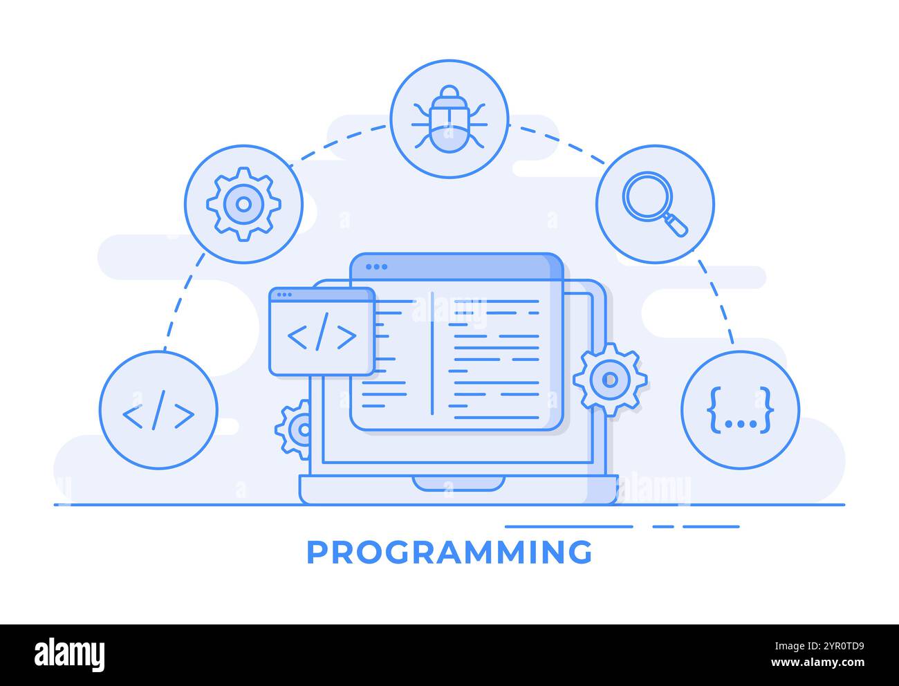 Infographie d'illustration vectorielle de ligne mince de développement Web, codage sur l'écran d'ordinateur portable, et concept de programmation pour la page de destination, bannière Web, appli mobile Illustration de Vecteur