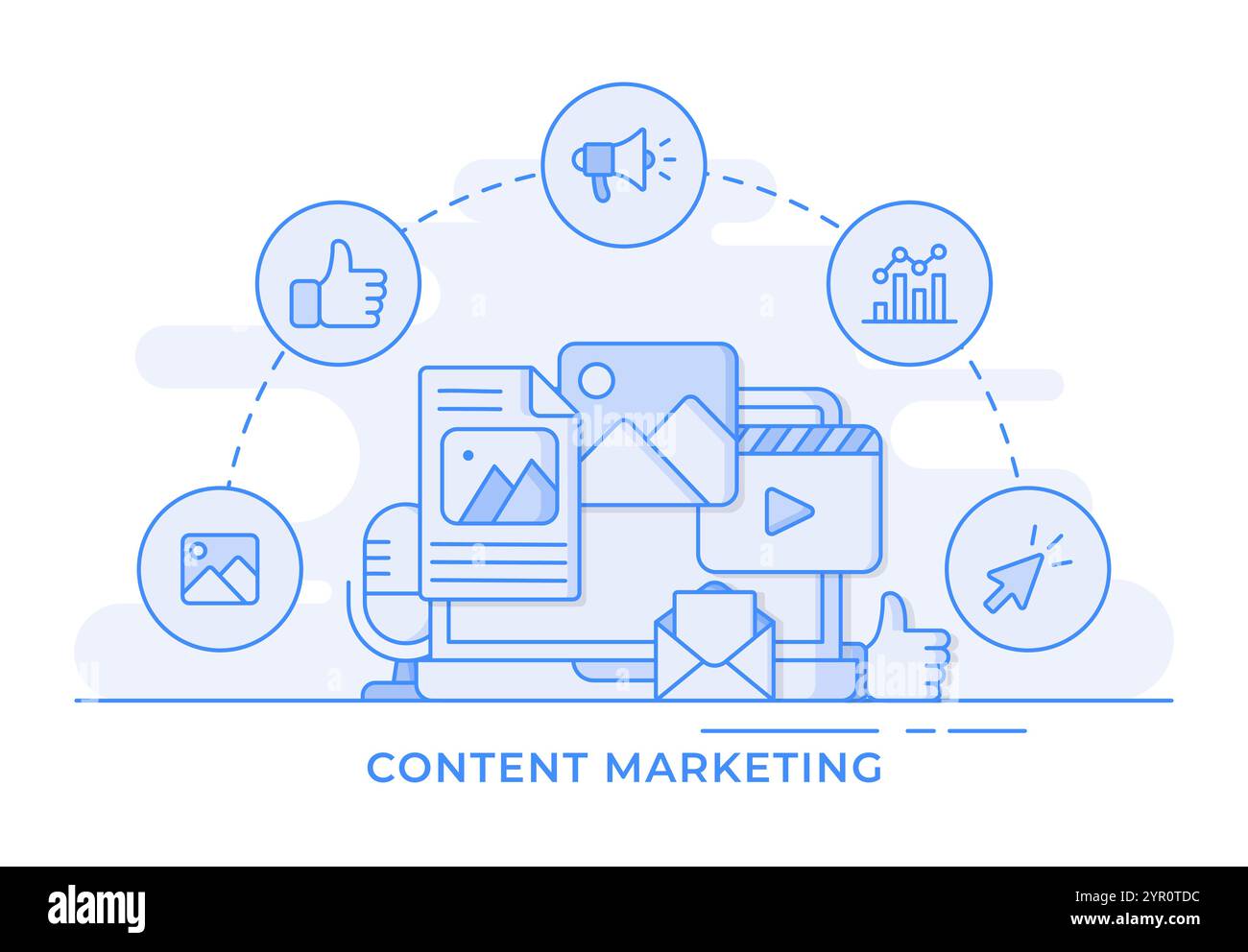 Infographie d'illustration plate vectorielle fine de marketing de contenu pour la page de destination, la bannière Web, l'application mobile, l'interface utilisateur de conception Web, ui / ux Illustration de Vecteur