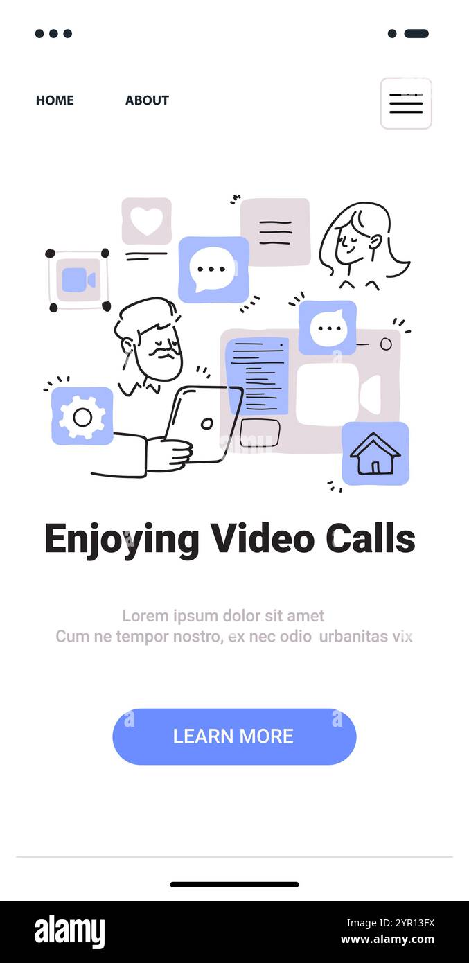 Concept d'appels vidéo avec des personnes utilisant des appareils numériques entourées d'icônes de chat et d'éléments dans un style minimaliste dessiné à la main. Écran de l'application mobile Illustration de Vecteur