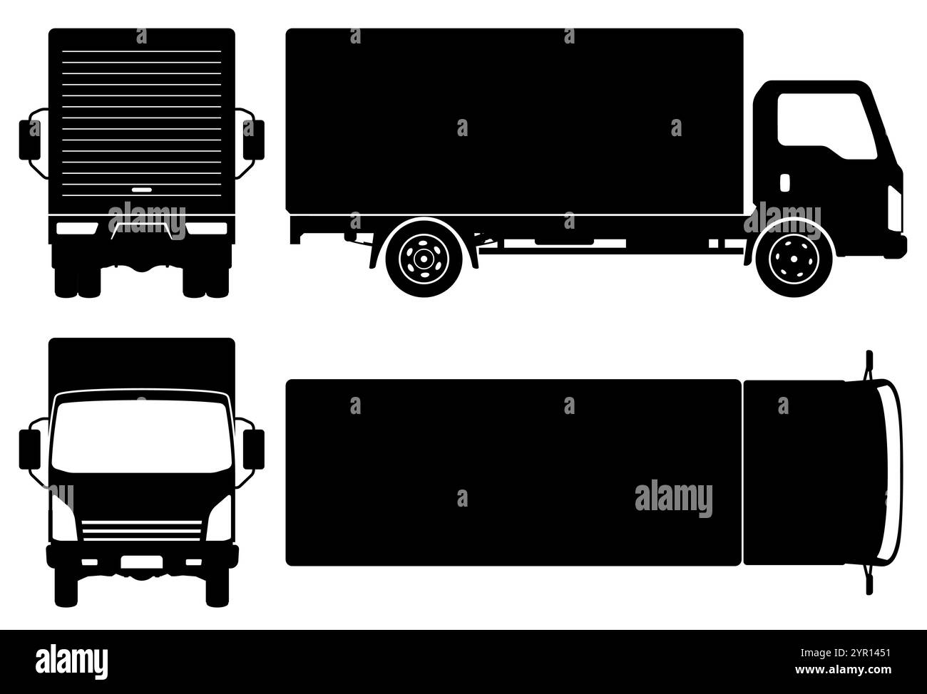 Silhouette de petit camion de livraison sur fond blanc. Les icônes du véhicule définissent la vue latérale, avant, arrière et supérieure Illustration de Vecteur