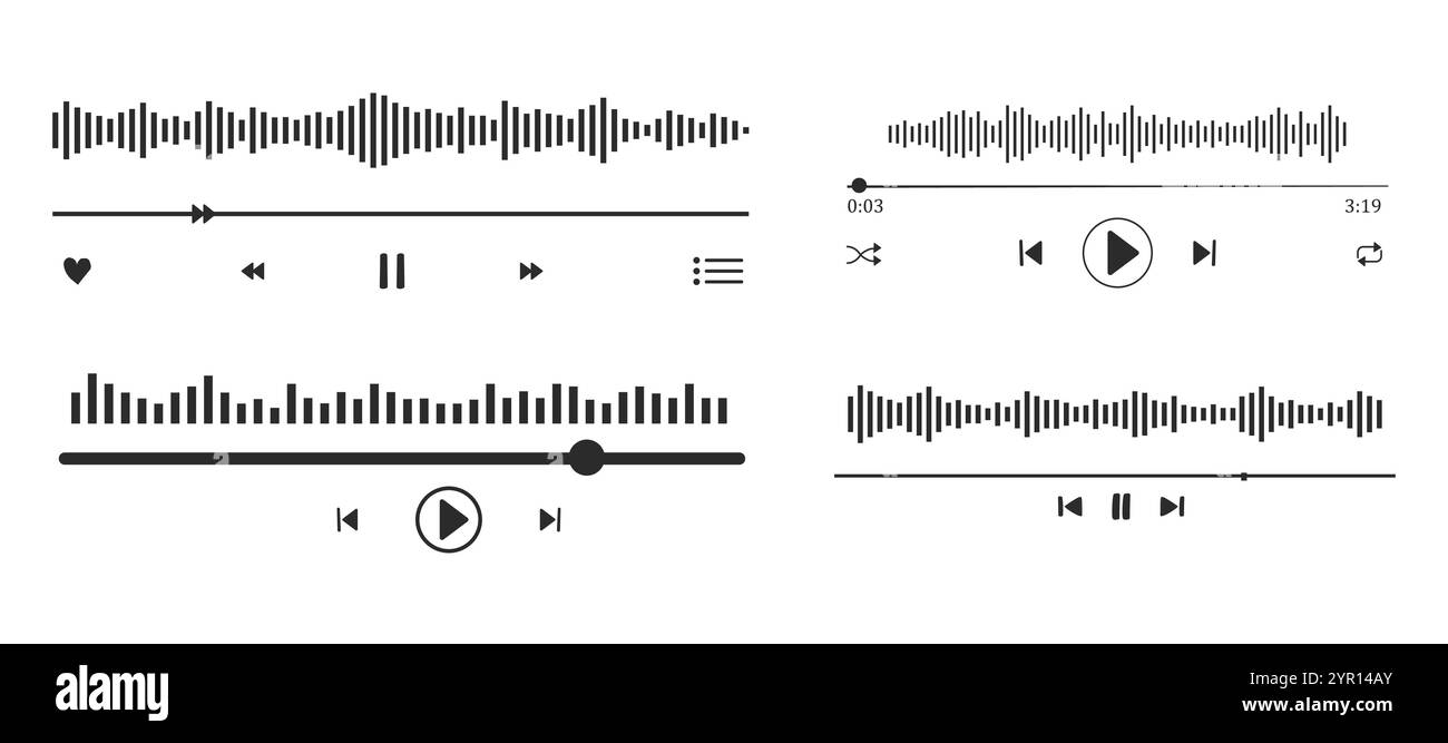 Icône de la barre d'interface de lecture de musique ou de vidéo, affichage de l'enregistrement vocal. Liste de lecture de podcast, bouton de lecture. Égaliseur simple de chanson, enregistrement. Illustration vectorielle Illustration de Vecteur