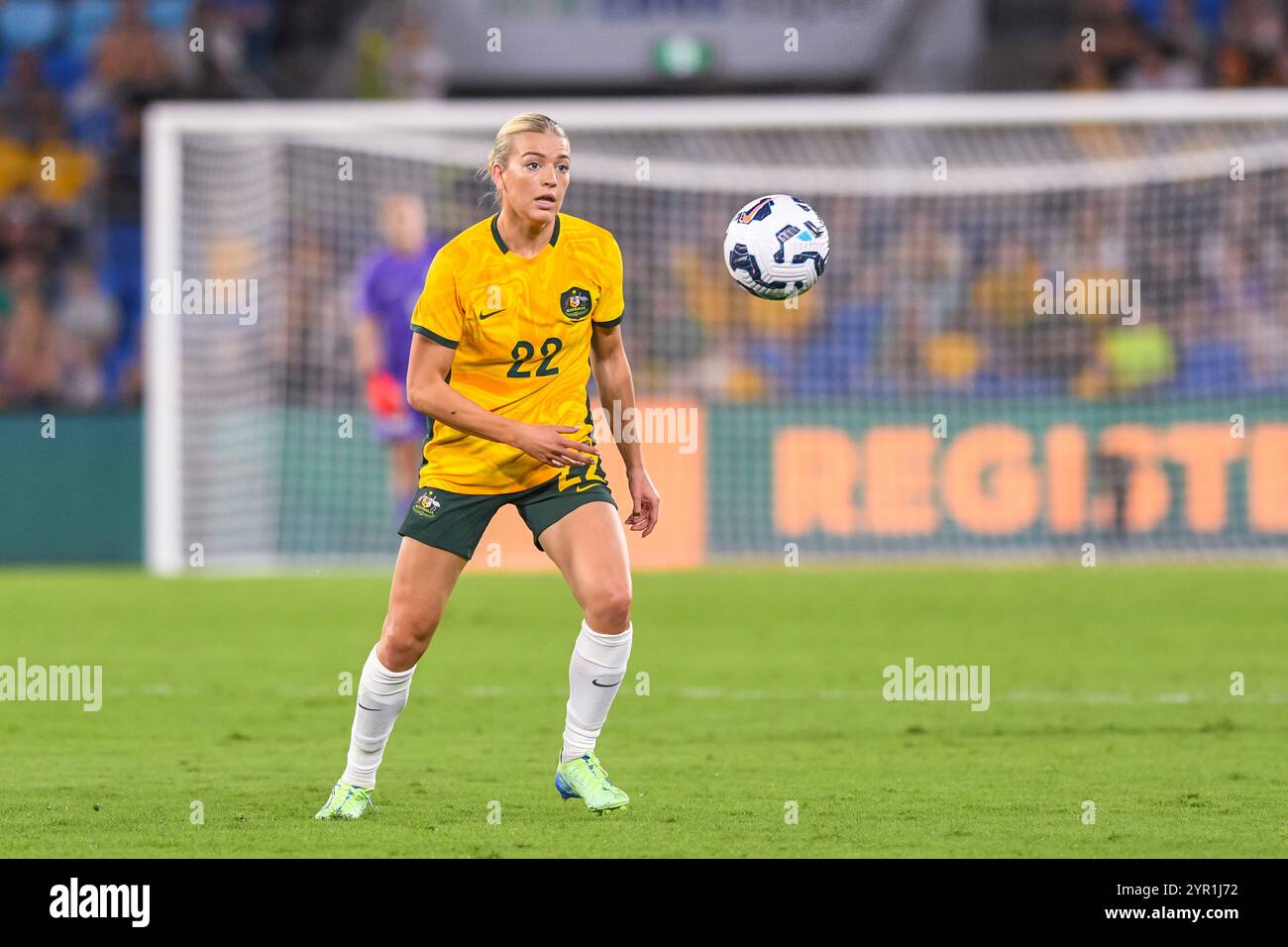 Gold Coast, Australie. 1er décembre 2024. Matildas Charlotte Grant lors d'un match amical entre l'équipe nationale féminine d'Australie de football les Matildas et le Brésil au CBUS Super Stadium / Robina Stadium le 1er décembre 2024, à Gold Coast, Australie crédit : Tim Martorana / Alamy Live News Banque D'Images