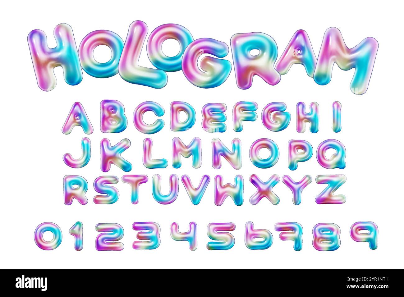vecteur de style 3d de l'alphabet holographique brillant gonflé et des chiffres sur fond blanc Illustration de Vecteur