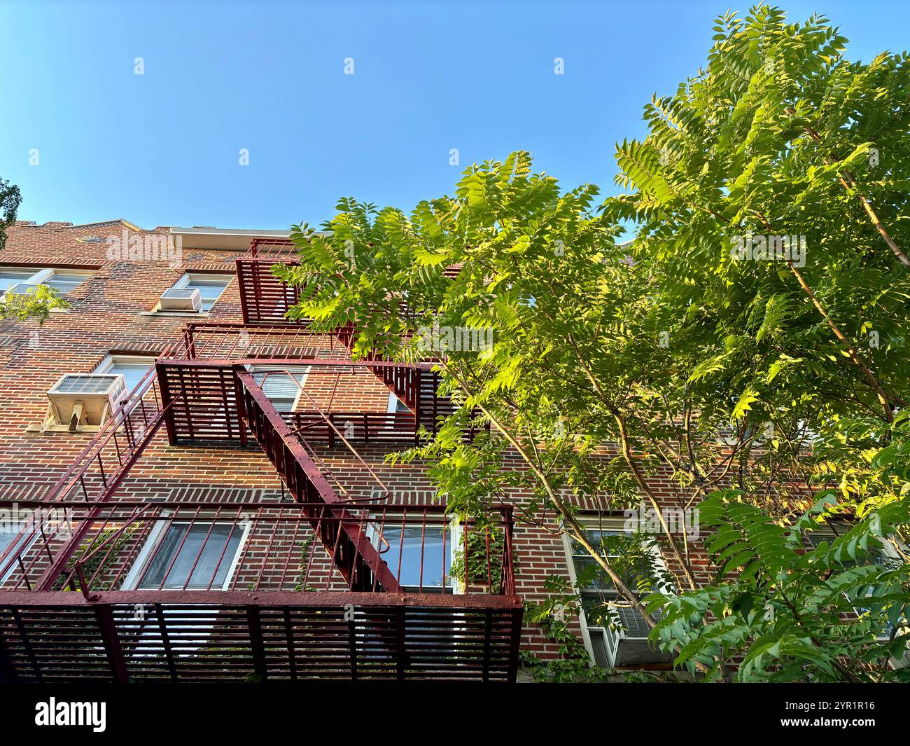 Immeuble d'appartements en briques rouges avec évacuation d'incendie, arbres verts, ciel bleu Banque D'Images