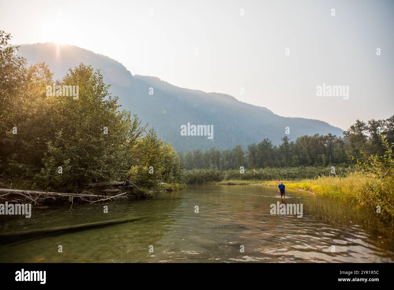 Homme des Premières Nations pataugant dans une rivière peu profonde, réfléchissant sur la vie, la nature Banque D'Images