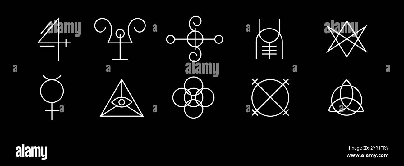 Icônes occultes minimalistes avec des formes sacrées et des dessins mystiques. Illustration de Vecteur