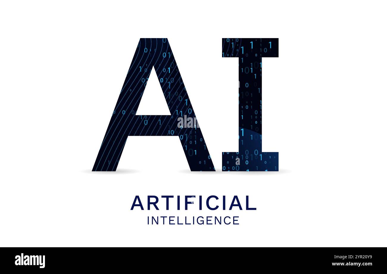 Logo AI avec un look numérique moderne, avec des tons bleus, des éléments binaires et de réseau neuronal. Illustration de Vecteur