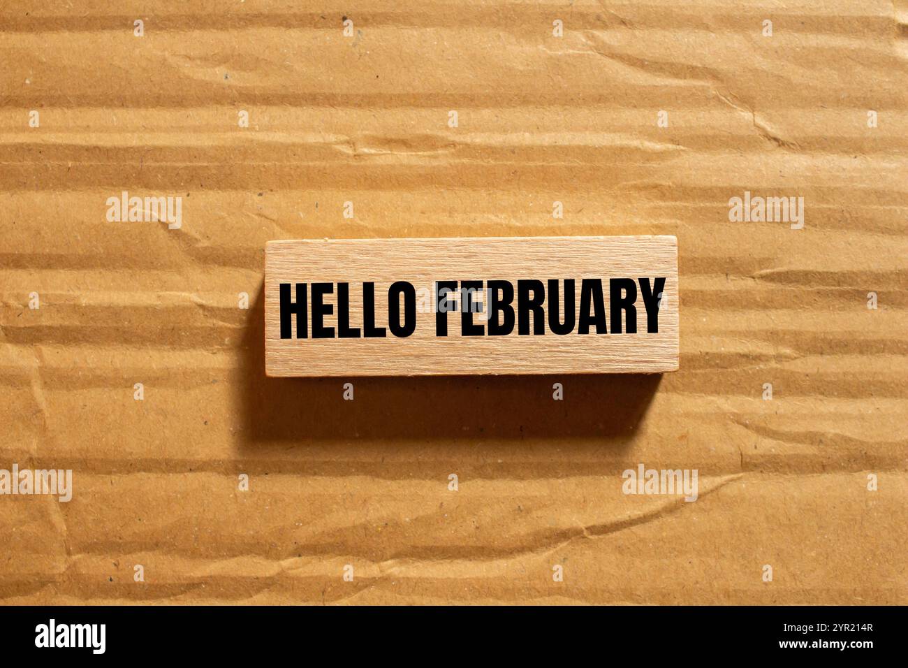 Bonjour février message écrit sur bloc de bois avec fond de carton. Symbole conceptuel bonjour février. Copier l'espace. Banque D'Images