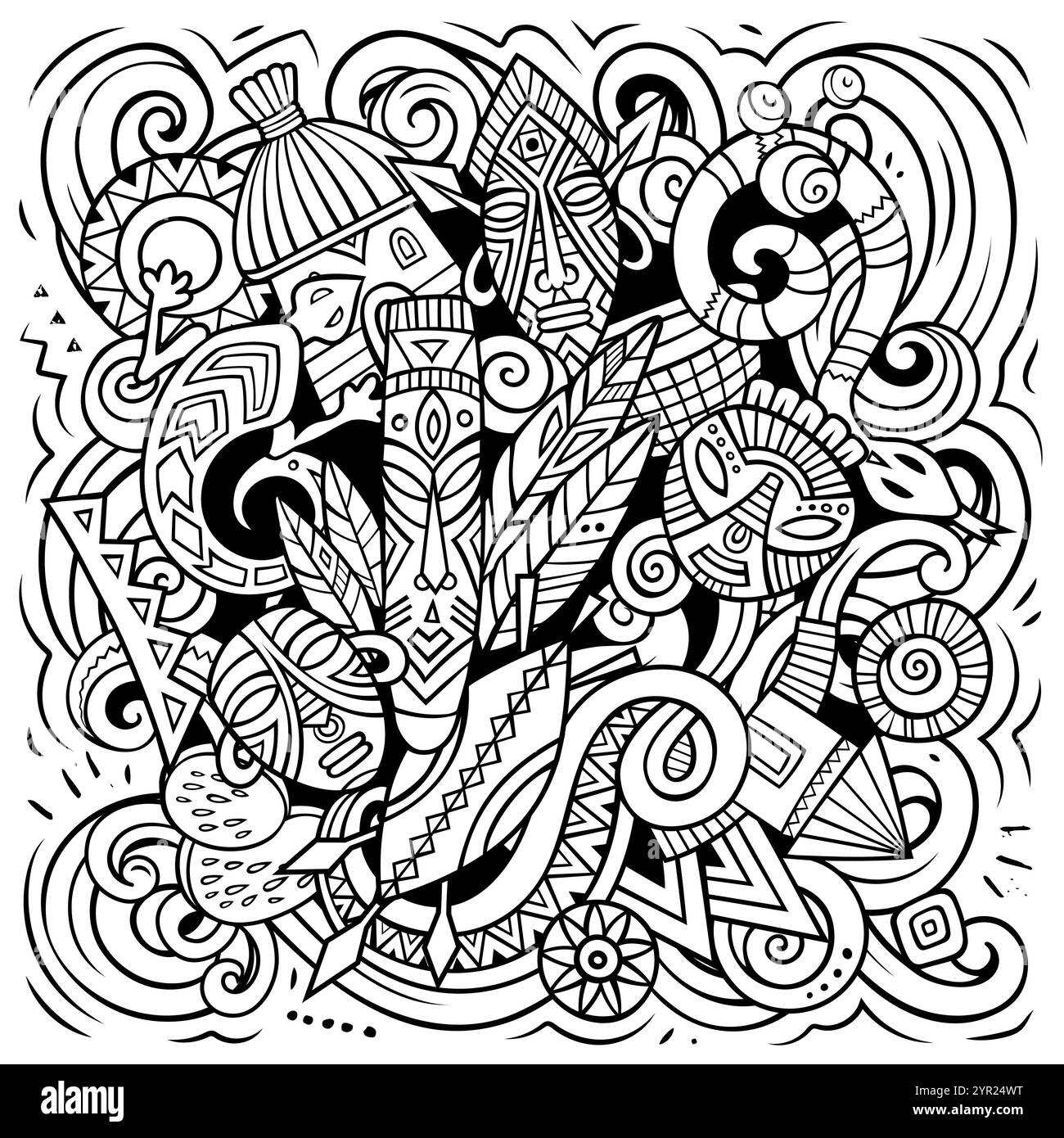 Illustration de dessins animés dessinés à la main en Afrique. Design de voyage amusant. Arrière-plan vectoriel d'art créatif. Symboles, éléments et objets africains. Couleur c Illustration de Vecteur