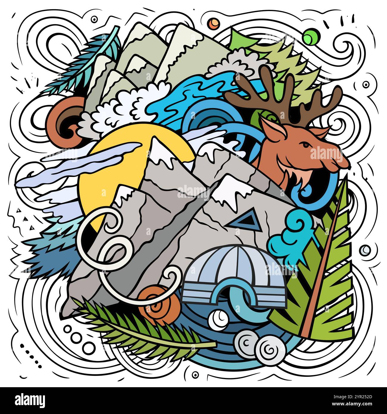 Dessin animé Alaska dessiné à la main illustration de doodle. Drôle de design d'État des États-Unis. Fond de vecteur d'art créatif. Composition colorée Illustration de Vecteur