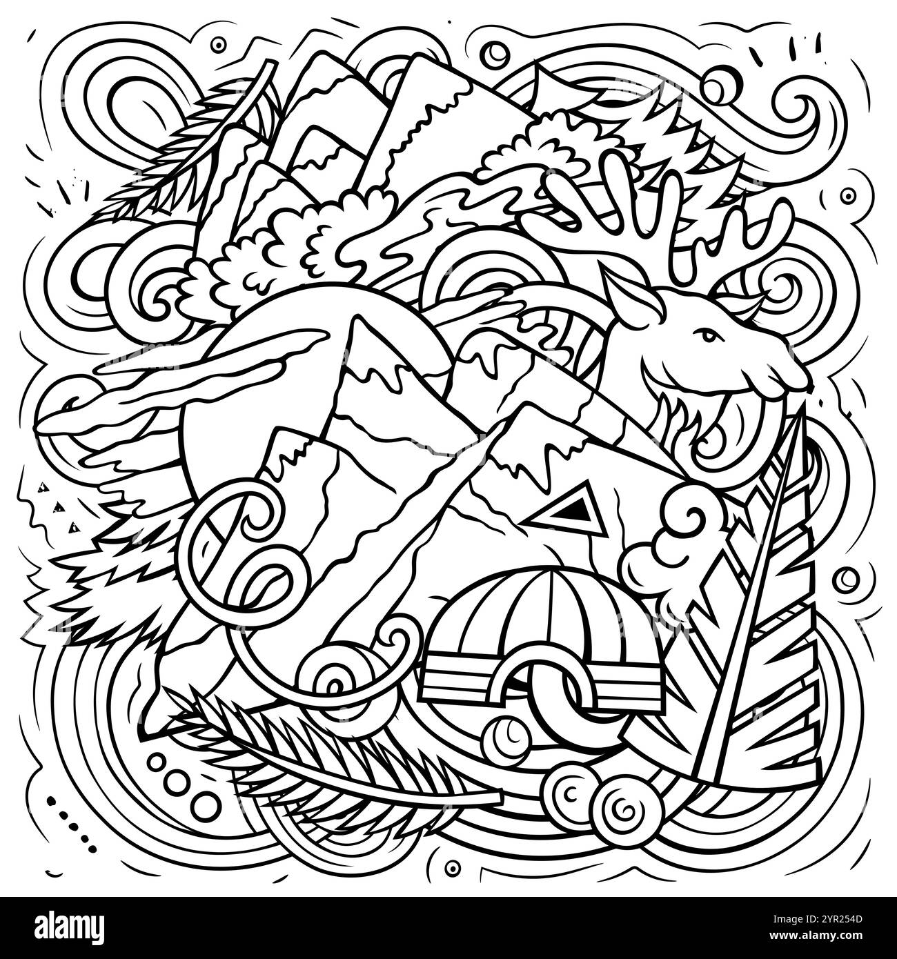 Dessin animé Alaska dessiné à la main illustration de doodle. Drôle de design d'État des États-Unis. Fond de vecteur d'art créatif. Composition sommaire Illustration de Vecteur