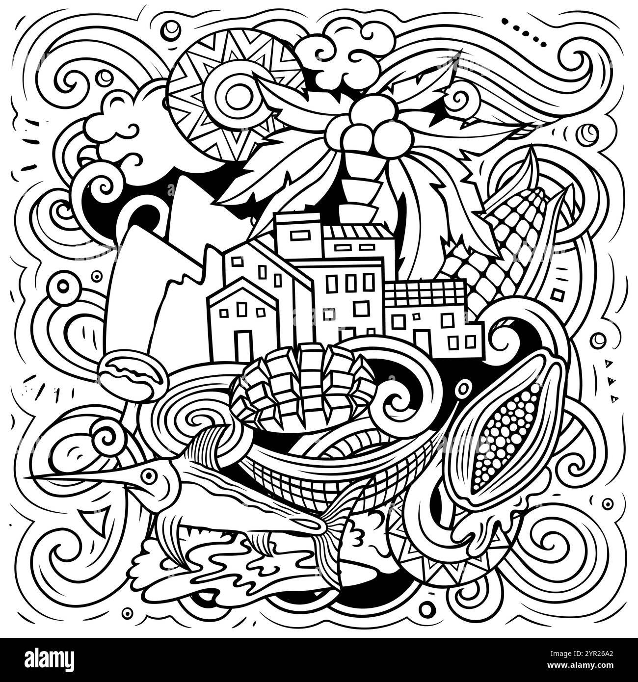 Illustration de doodle drôle de vecteur avec le thème Nicaragua. Design esquisse, capturant l'essence de la culture et des traditions de l'Amérique centrale à travers ludique Illustration de Vecteur