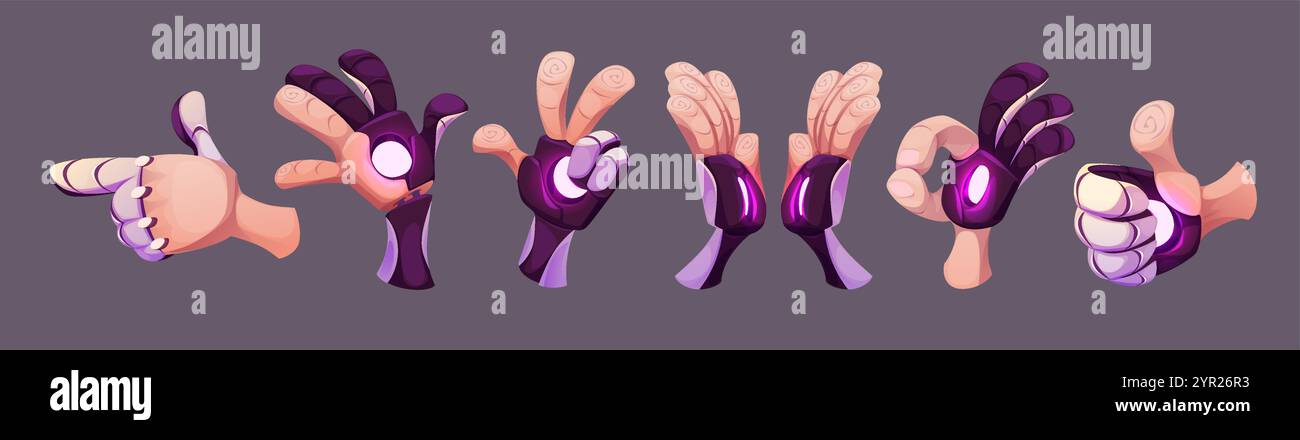 Prothèse robotique sur main humaine en diverses positions. Doigts métalliques violets avec des éléments lumineux attachés aux paumes dans différents gestes. SCI fi a Illustration de Vecteur