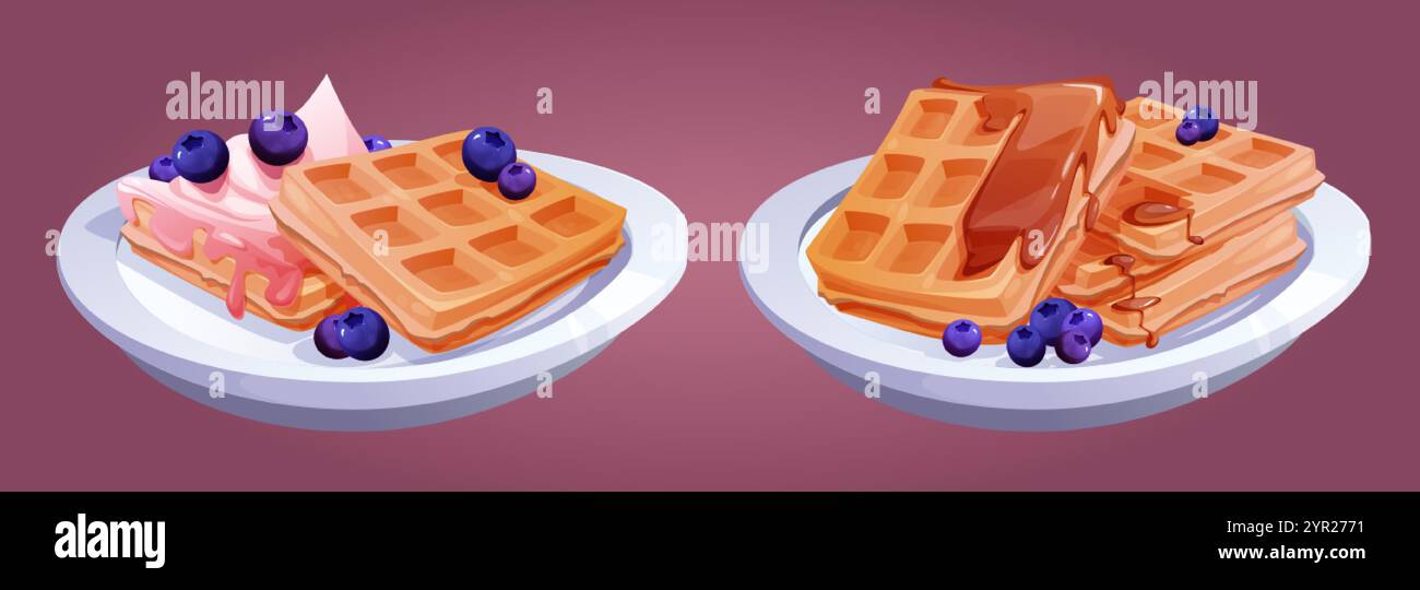 Gaufres belges servies sur des assiettes en céramique. Carrés croustillants dorés garnis de myrtilles fraîches, de sirop de caramel et de crème glacée. Petit déjeuner de dessins animés Illustration de Vecteur