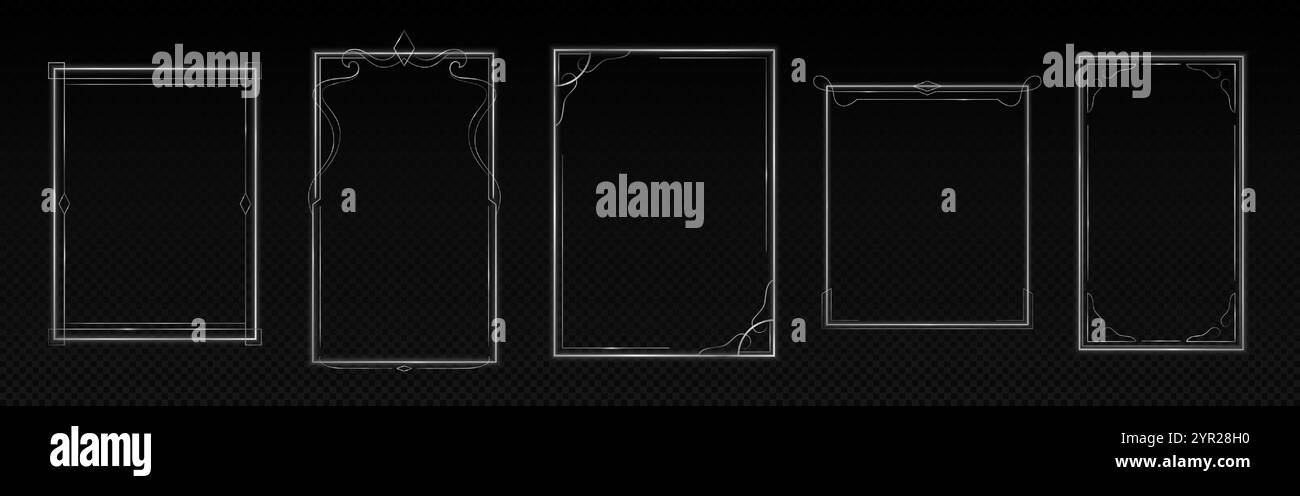 Cadres minimalistes fins et fins à contour blanc sur fond sombre. Formes rectangulaires élégantes avec des ornements géométriques subtils dans les coins. Panneau décoratif Illustration de Vecteur