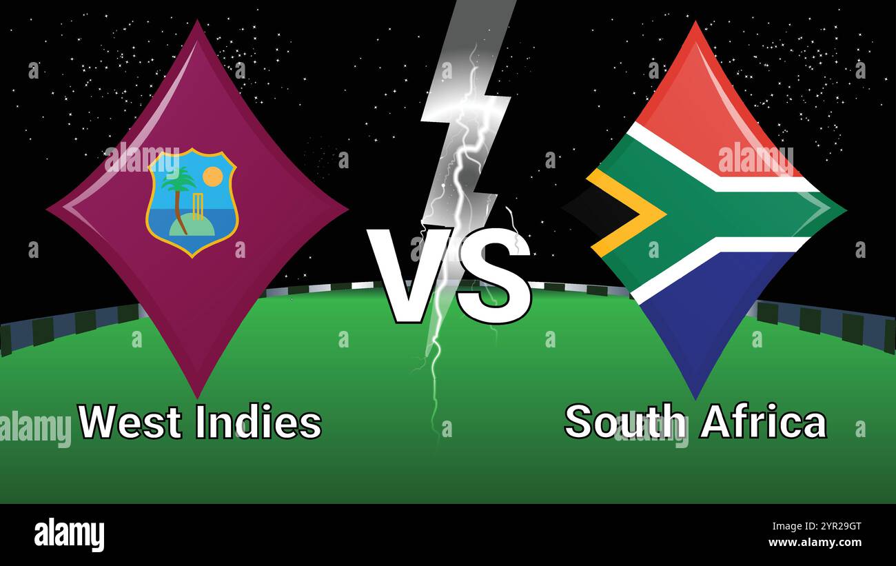 Match Stadium et Sky Stars Thunder Flash avec West Indies vs Afrique du Sud Illustration de Vecteur