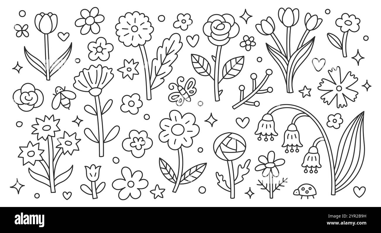 Fleurs de printemps doodle illustration de camomille, rose, tulipe, ranoncule, bleuet, papillon, coccinelle. Dessin à la main mignon dessin moderne au trait sur le jardin Illustration de Vecteur
