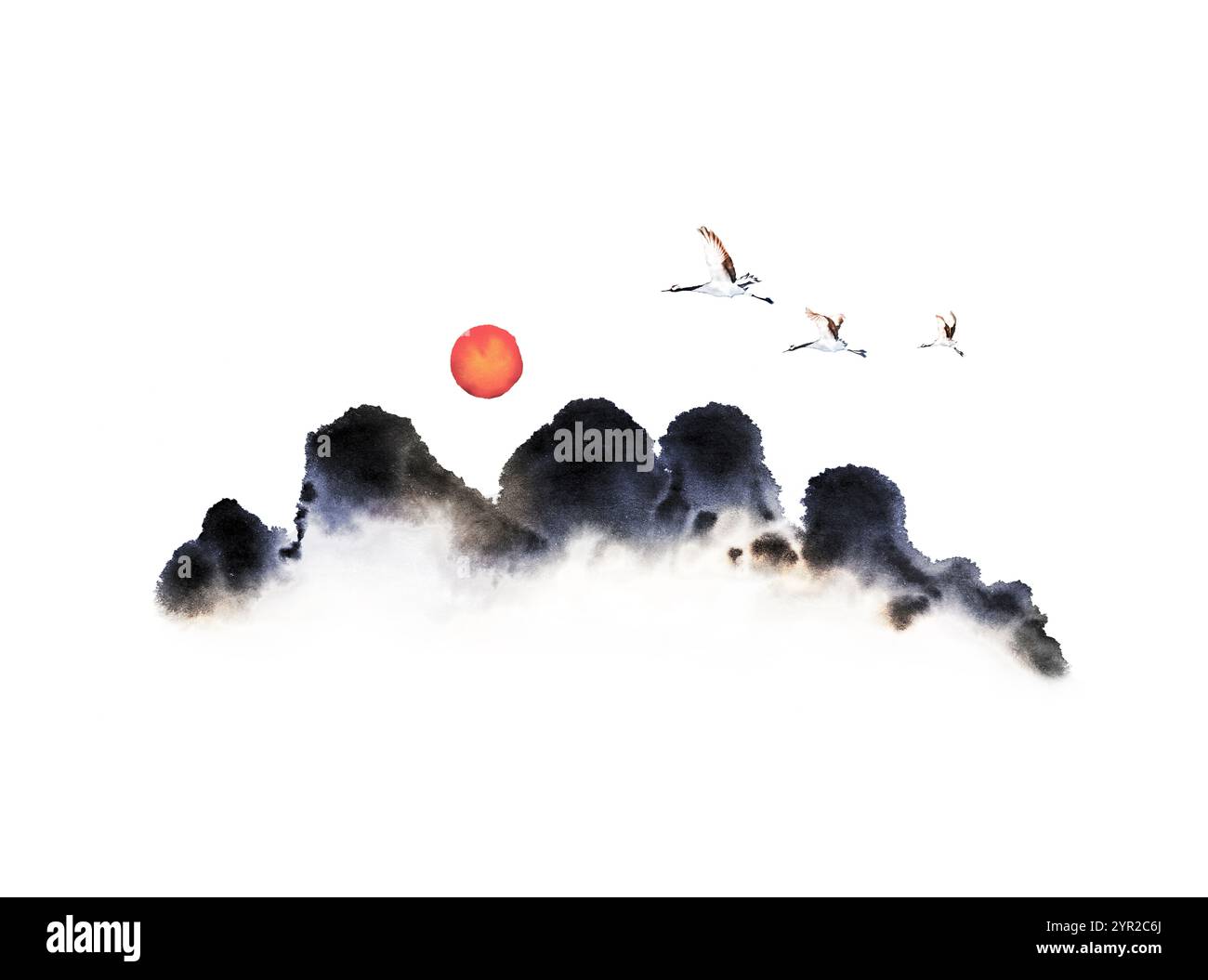 Beau lever de soleil avec le soleil et les grues se levant au-dessus de la montagne, fond de peinture orientale, illustration de carte de voeux du nouvel an Banque D'Images