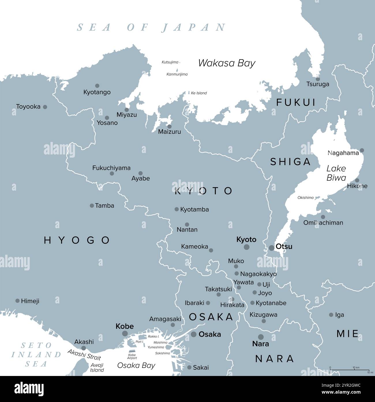 Préfecture de Kyoto du Japon avec la même capitale nommée, carte politique grise. Situé dans la région du Kansai de Honshu sur la mer de ​​Japan. Banque D'Images