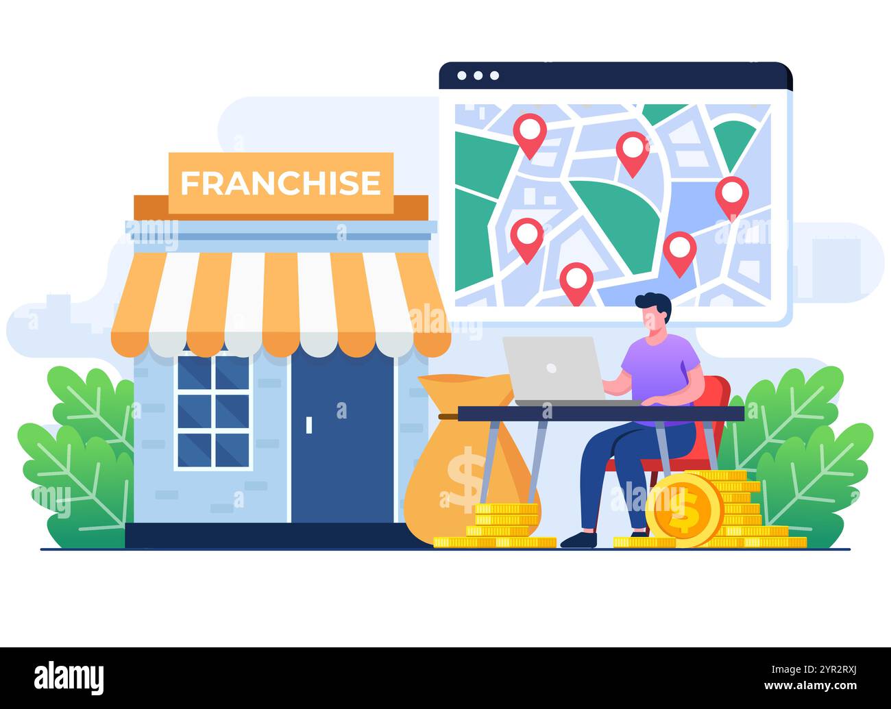 Concept d'illustration plate de magasin de franchise, concept d'entreprise, stratégie de démarrage, expansion, développement, société Illustration de Vecteur