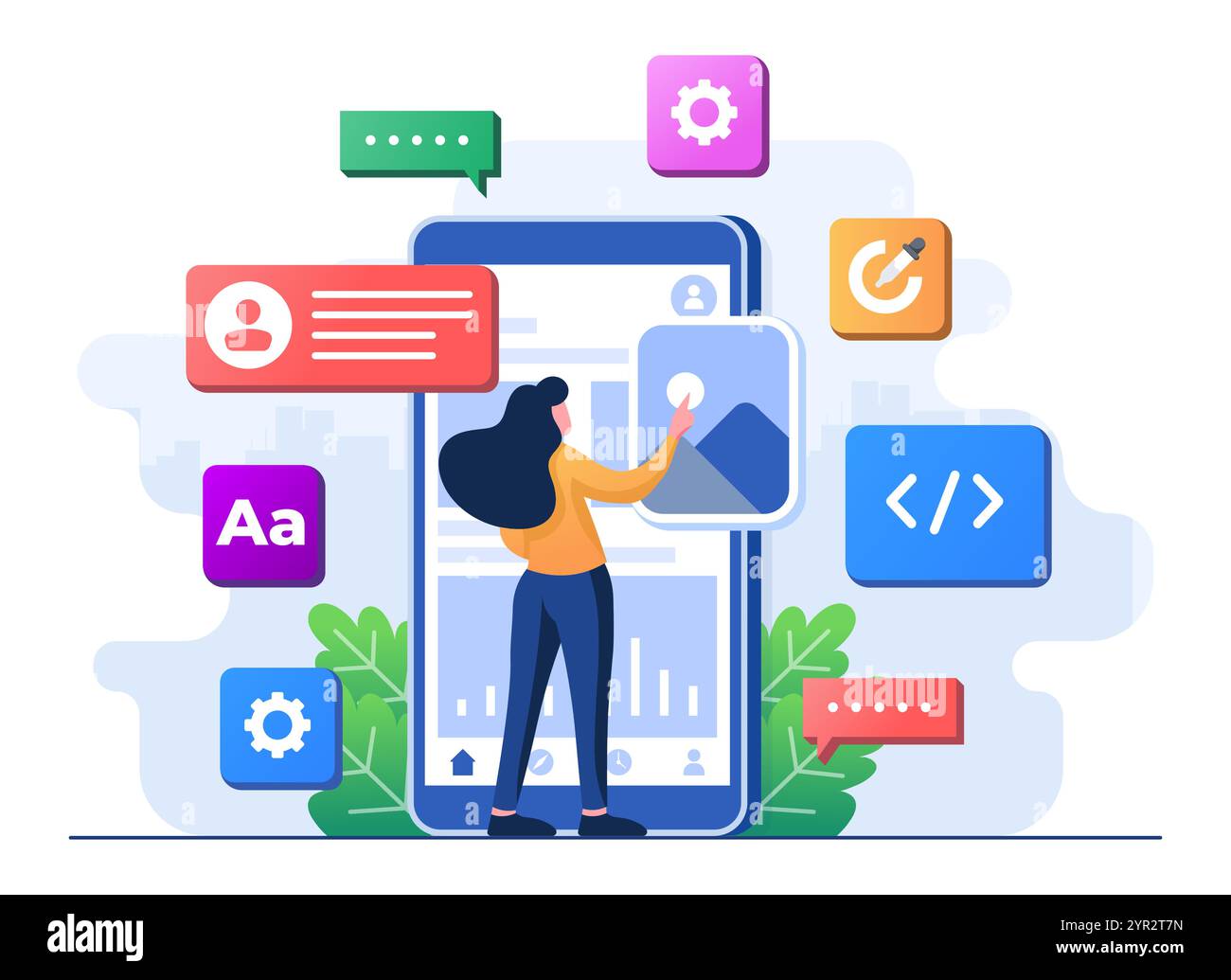 Concept de développement UI/UX mobile illustration plate, blocs d'application mobile sur l'écran du smartphone, interface d'application mobile, développement Web, smartphone Illustration de Vecteur