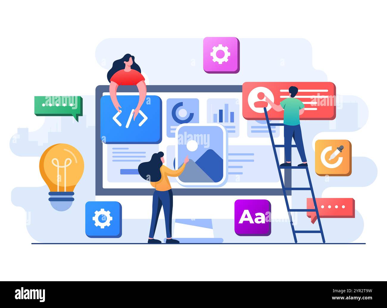 Développeurs création de site Web interface utilisateur vue de face sur ordinateur, conception Web, UI UX, développement de logiciels, conception Web, conception d'applications, codage, nous Illustration de Vecteur