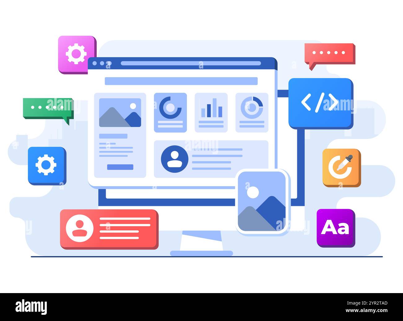 Développeurs création de site Web interface utilisateur vue de face sur ordinateur, conception Web, UI UX, développement de logiciels, conception Web, conception d'applications, codage, nous Illustration de Vecteur