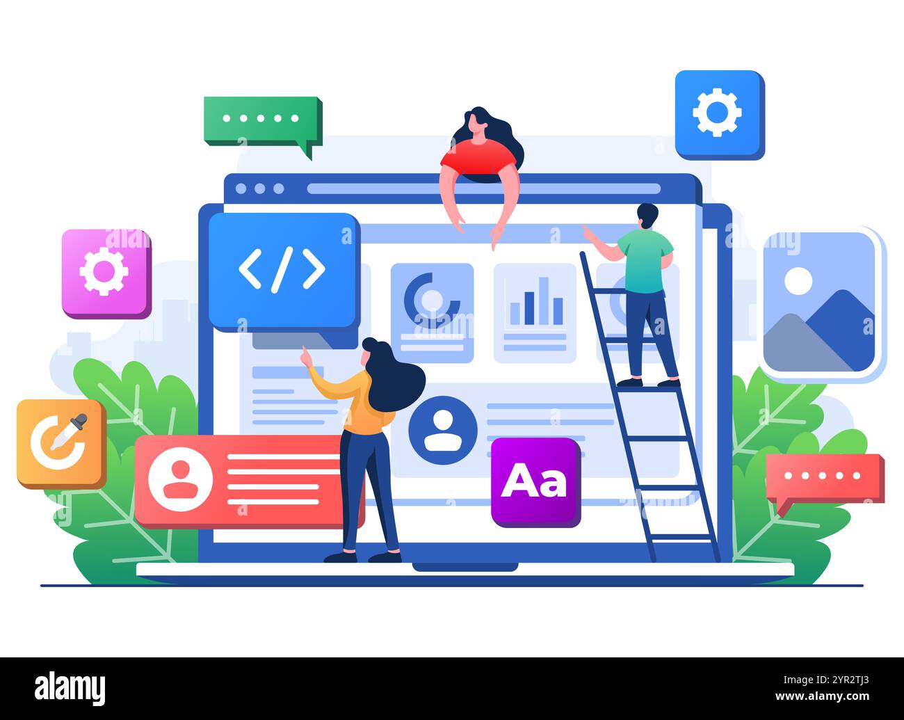 Les développeurs construisent un site Web interface utilisateur vue de face sur l'écran d'ordinateur portable, conception Web, UI UX, développement de logiciels, conception Web, conception d'applications, codage, Illustration de Vecteur