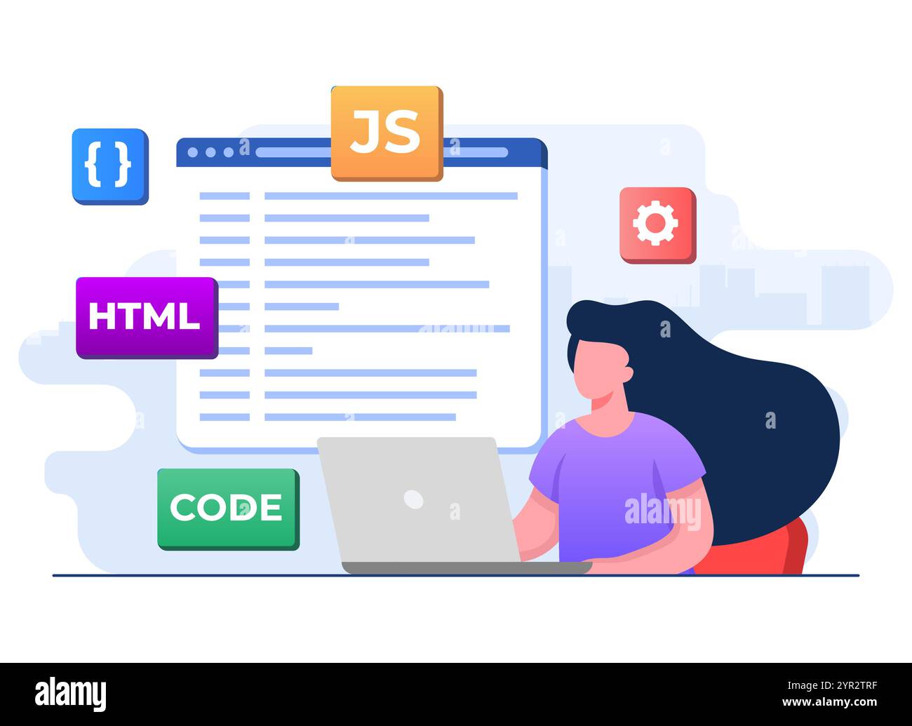 Code ou programme de câblage de développeur Web à l'aide d'ordinateur portable, programmation informatique, Java, symboles HTML, conception Web, logiciel, conception d'applications, programmation lan Illustration de Vecteur