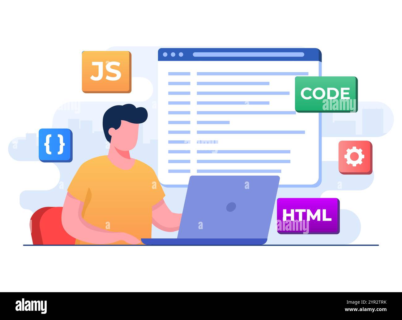 Code ou programme de câblage de développeur Web à l'aide d'ordinateur portable, programmation informatique, Java, symboles HTML, conception Web, logiciel, conception d'applications, programmation lan Illustration de Vecteur
