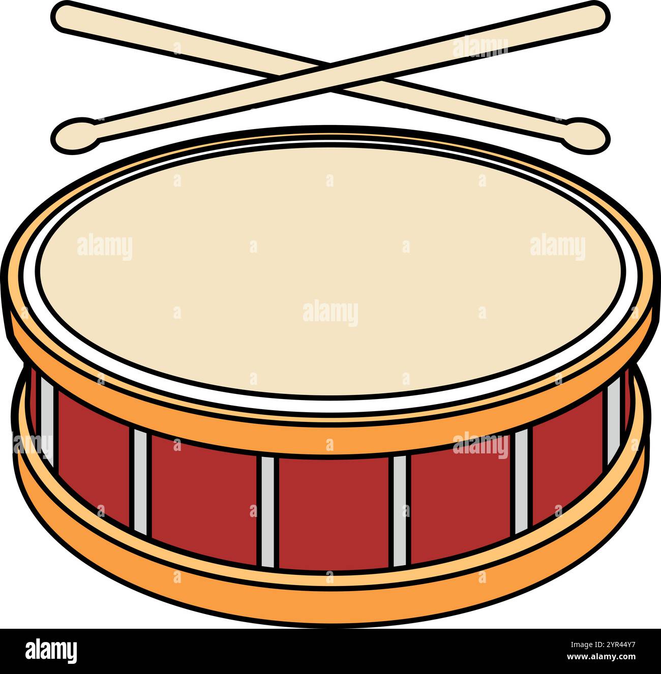 Tambour et baguettes en bois dans un style plat. Instrument de musique, machine à tambour. Le tambour est rond. Une illustration vectorielle plate isolée sur fond Illustration de Vecteur