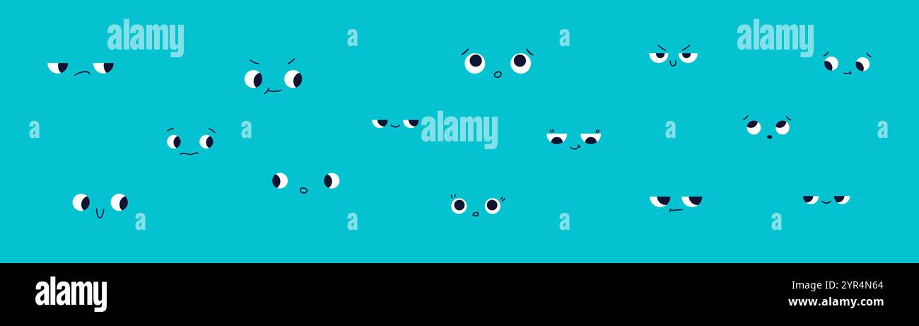 Dessin animé fait face aux yeux avec différentes expressions. Fond ludique drôle et heureux. Illustration vectorielle plate isolée Illustration de Vecteur