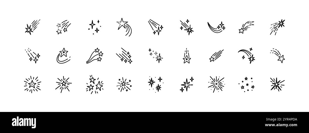 Dessiné à la main des étoiles tombantes esquissées, des comètes, des météores. Paillettes étincelantes. La nuit étoilée. Jeu d'icônes d'expressions de mouvement manga. Galaxie spatiale illustr Illustration de Vecteur