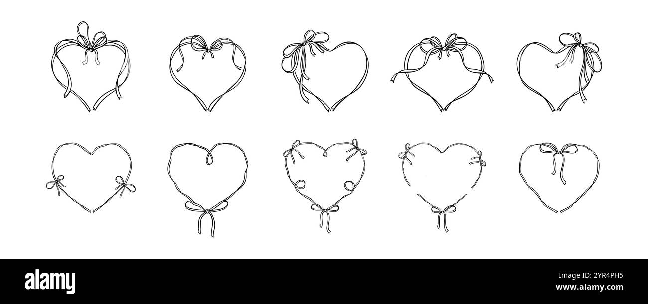 Cadres de coeur de ruban d'écriture manuscrite avec noeud noué. Doodle fantaisiste excentrique ondulé mignon tableau de ligne. Saint-Valentin, anniversaire, Noël, Noël, mariage, naissance Illustration de Vecteur