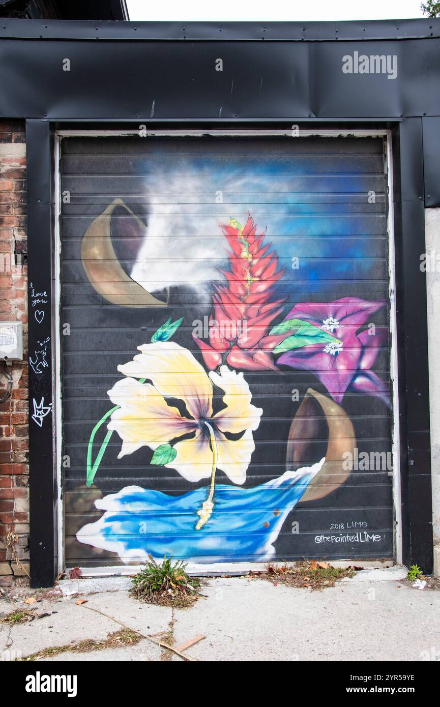 Fresque murale de fleurs tropicales hibiscus sur la rue McCaul dans le centre-ville de Toronto, Ontario, Canada Banque D'Images
