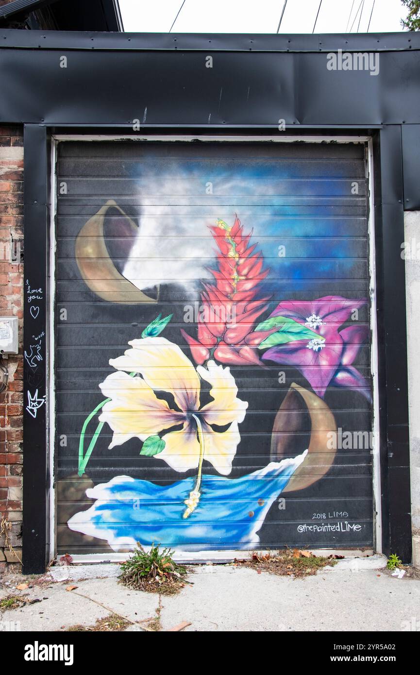 Fresque murale de fleurs tropicales hibiscus sur la rue McCaul dans le centre-ville de Toronto, Ontario, Canada Banque D'Images
